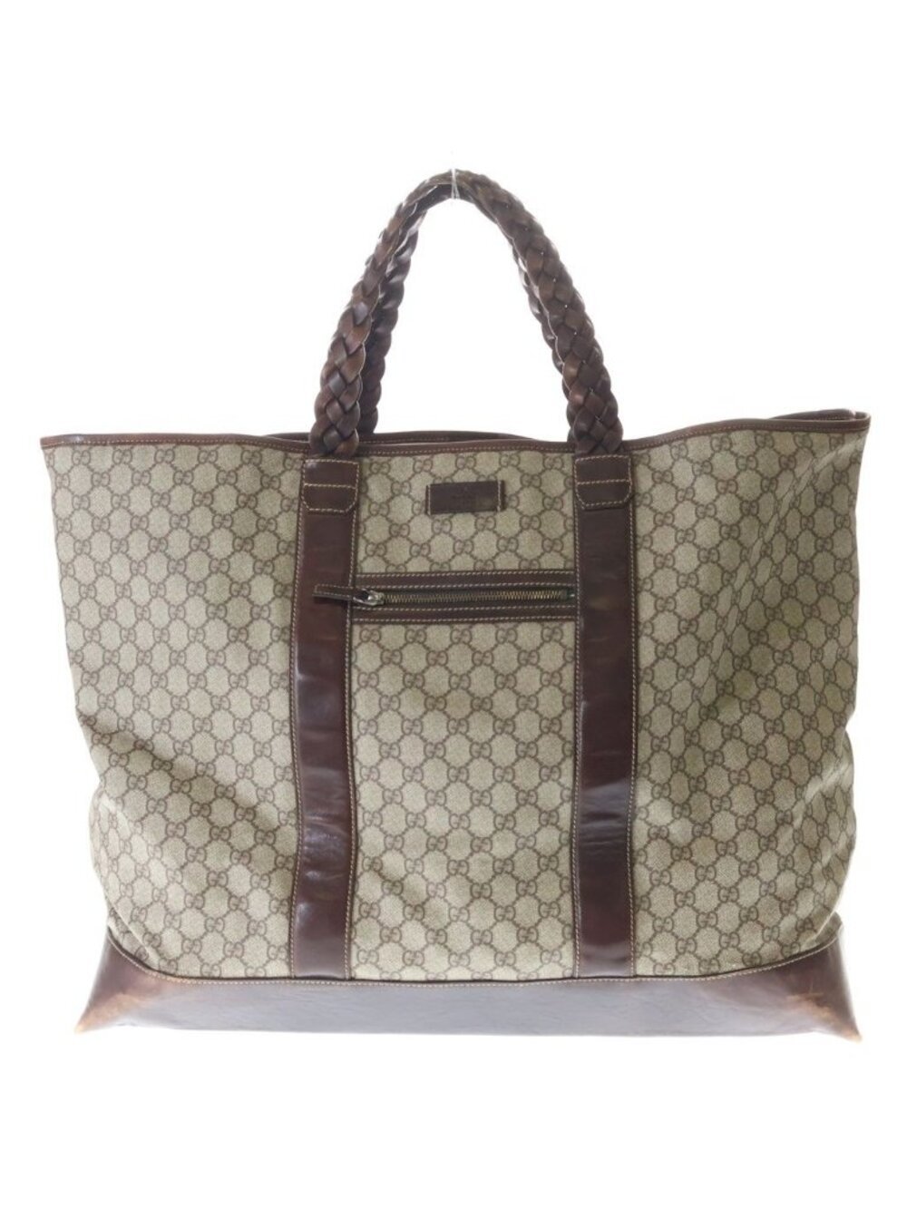 Gucci GG Supreme Logo Patch Leather Hand Tote Bag Brown Beige